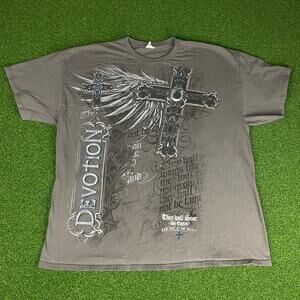 Vintage Y2K Devotion Mens Brown Religion Cross Affliction Gothic T-Shirt Sz 2XL